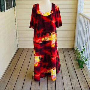 Vtg Hawaiian Maxi Dress XL Muumuu Kaftan Red Orange Sunset Palms Dress Helena’s